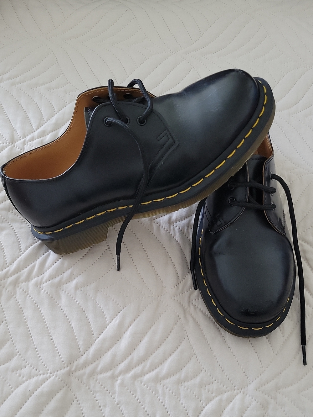 Dr. Martens Black Leather Derby Shoes with Yellow Stitching